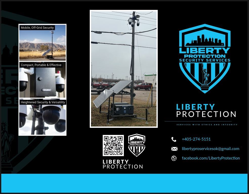 Liberty Protection security service flyer with logo and security camera installation photo