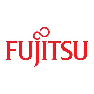 Fujitsu logo in red with stylized linked circles above the wordmark.