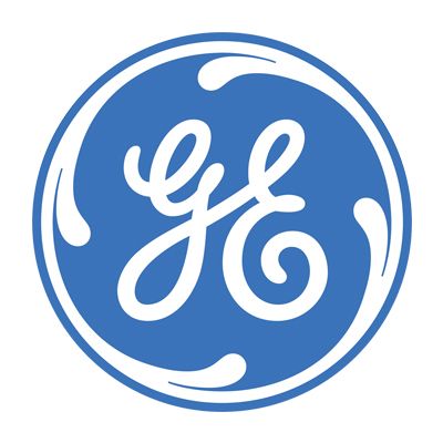 Blue GE logo with white script inside a circular emblem.