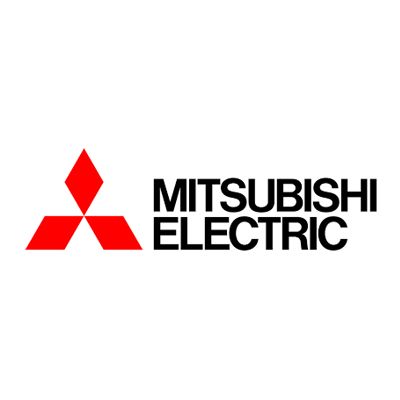 Mitsubishi Electric logo with red three-diamond icon and black wordmark on white background.