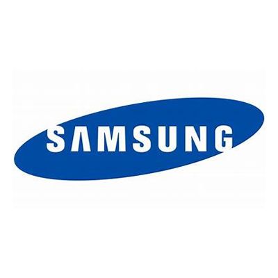 Samsung logo in white letters on a blue oval background.