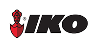 Logo for IKO, featuring a stylized red anchor on the left and the black word 