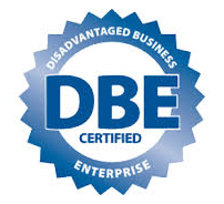 Blue DBE certified enterprise seal with “Disadvantaged Business” text around the border.