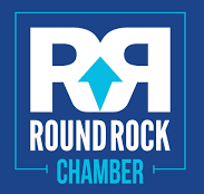 Round Rock Chamber logo in white and blue with a stylized RR and upward arrow.