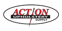 Action Upholstery Supply logo in red and black with an oval outline