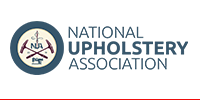 National Upholstery Association logo with circular blue, white and red emblem and gray text