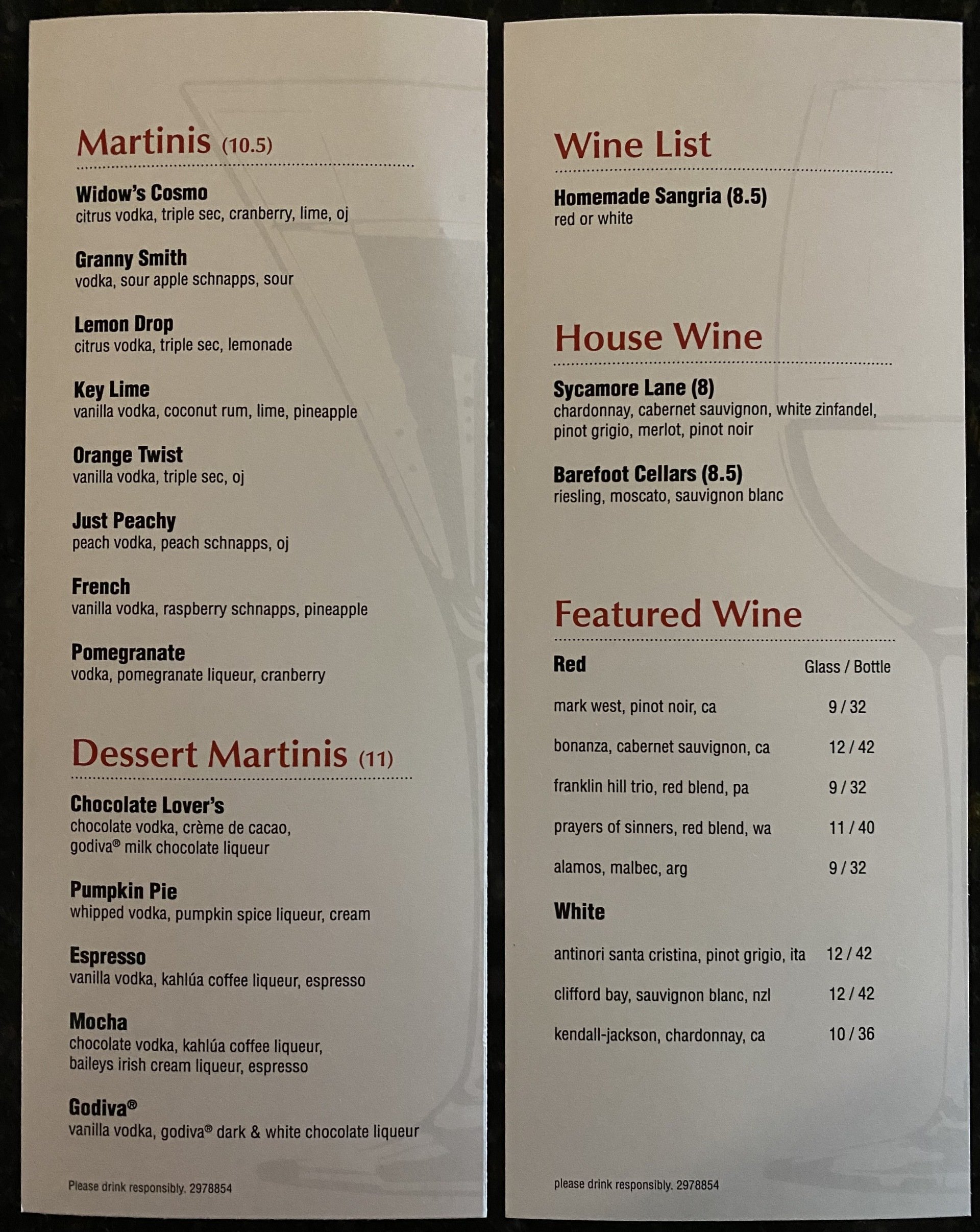 Widow's Tavern and Grille Drinks Menu Stockertown, PA