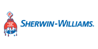 Sherwin-Williams logo: a paint can pouring red paint over the Earth, and the company's name in blue.