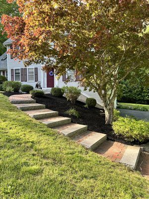 Front steps in a landscaped yard leading to a house with a red door and autumn trees