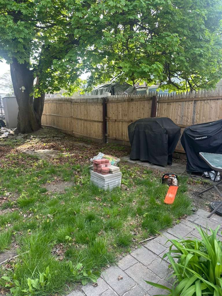Backyard with a wooden fence, leafy tree, covered grill, and bricks in the grass near a stone path.