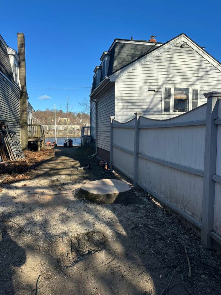 Narrow alley beside a white house and fence, with snow patches and bright blue sky.